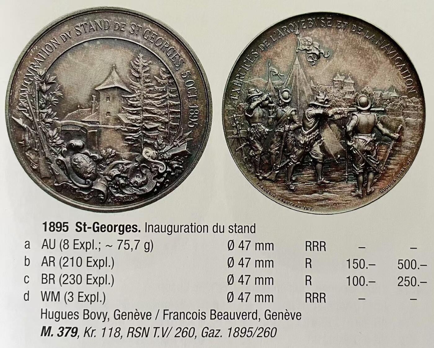 「木头集藏」章牌精品专场！ Bovy～1895年瑞士日内瓦圣乔治射击场落成UNC Details，直径：47mm，46g，大尺寸的射击节银章，发行量仅210枚！