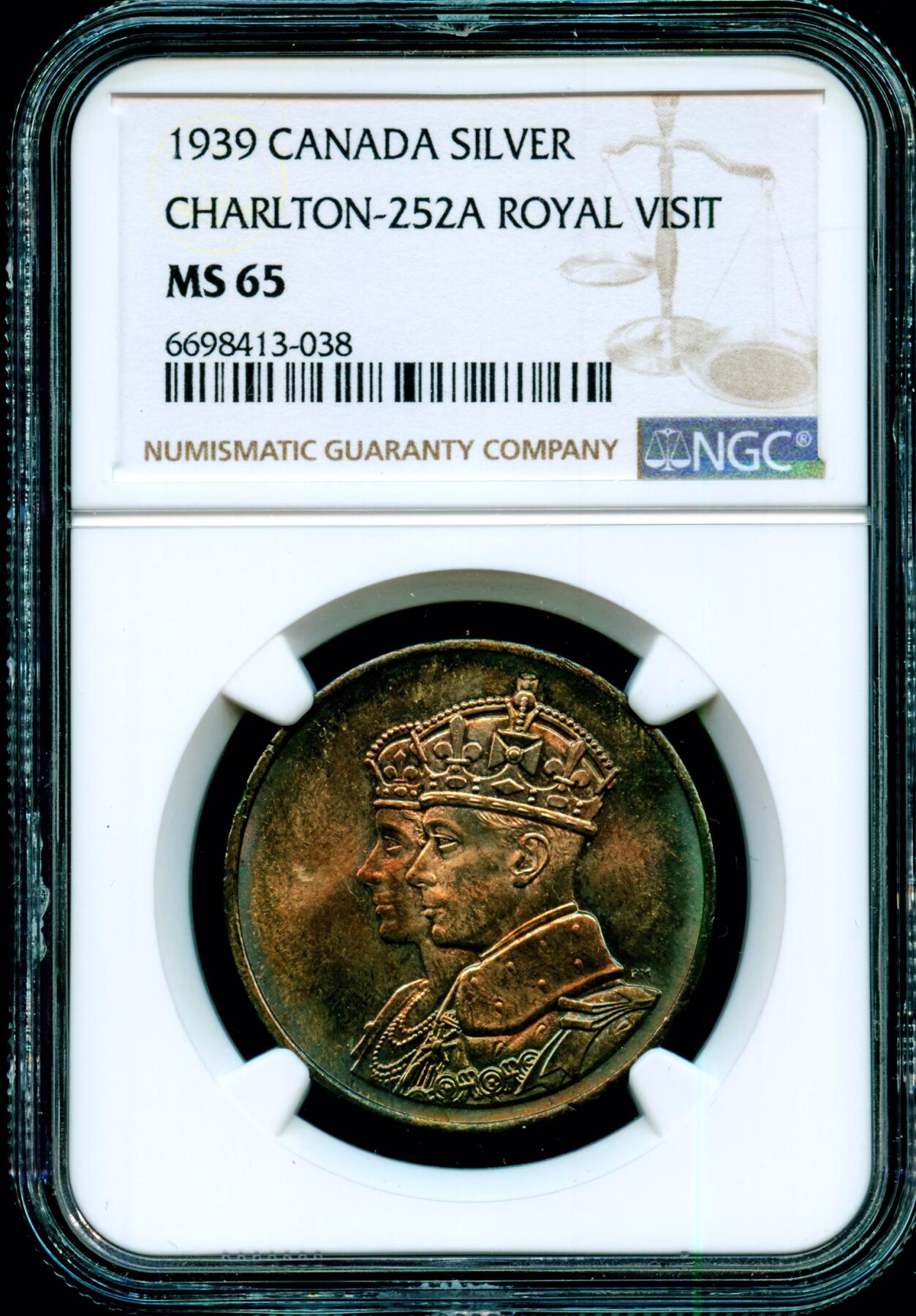 NGC评级MS65加拿大1939年英王乔治六世夫妇访问加拿大纪念银章罕见五彩好品难得遇到 1939 CANADA CHARLTON-252A ROYAL VISIT