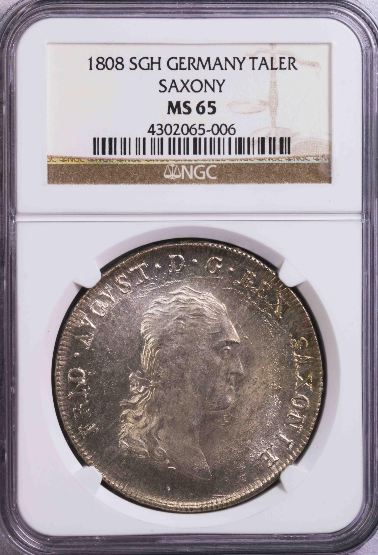 NGC-MS65 1808萨克森奥古斯特1泰勒大银币唯一冠军