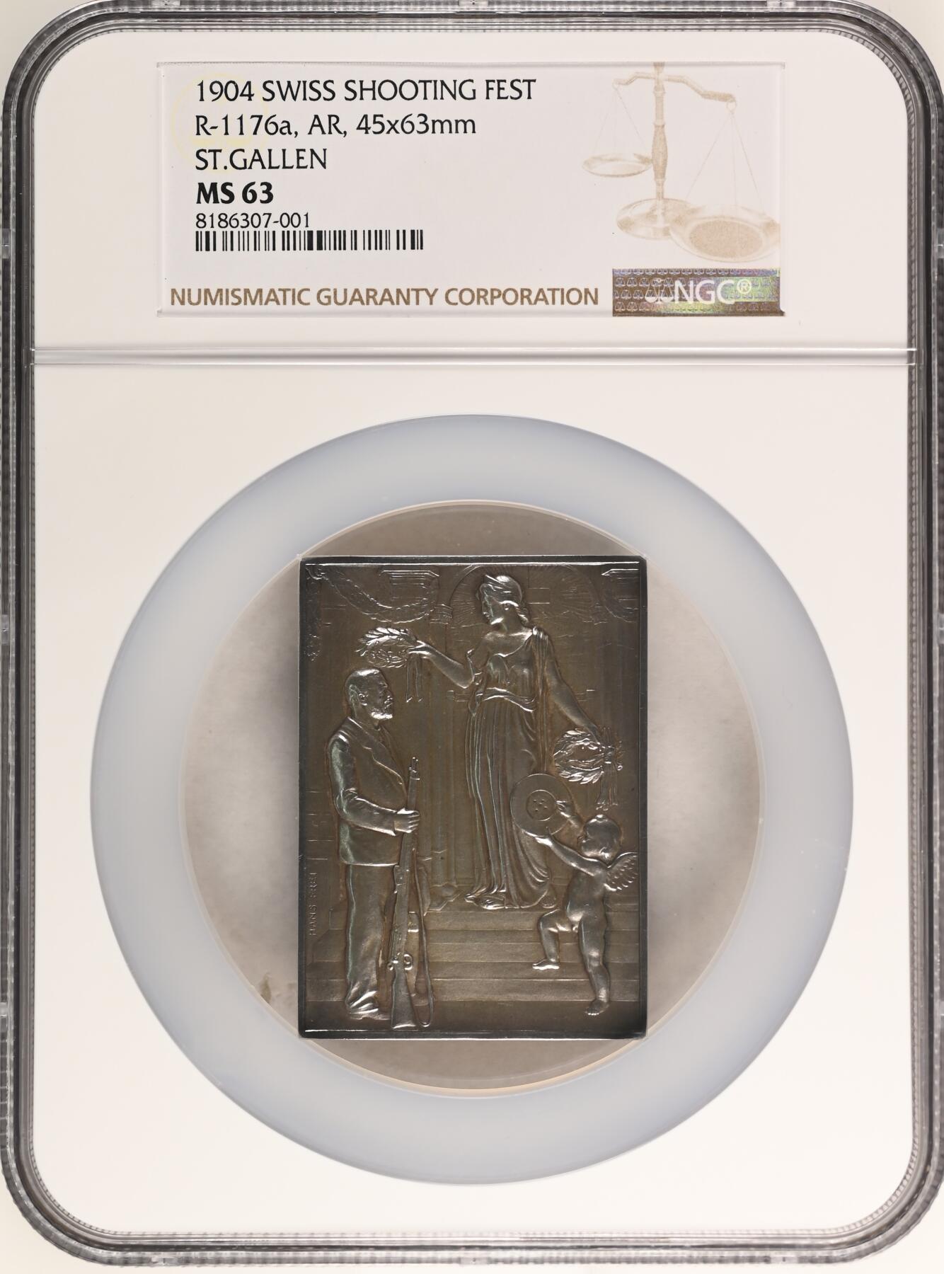 「木头集藏」章牌精品专场！ ST.GALLEN～1904年瑞士圣加伦射击节大银章 MS 63，尺寸：45×63 mm，带有功能完好原盒，品相很不错。