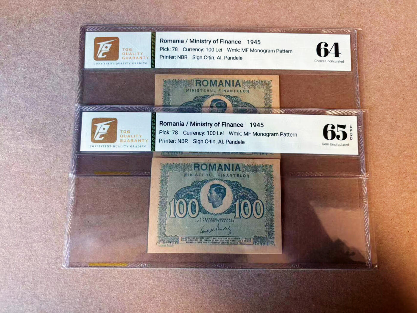 【Blue Auction】✨世界纸币精拍第587期【精】 【一组2张】罗马尼亚 1945年100雷 TQG65EPQ-TQG64