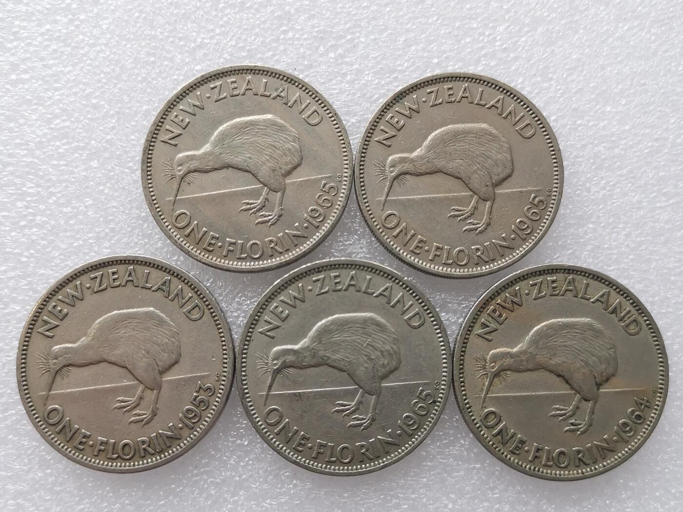 第一海外回流一元起拍收藏 散集专场. 第145期 新西兰60年代1弗洛林镍币 伊丽莎白二世 5枚