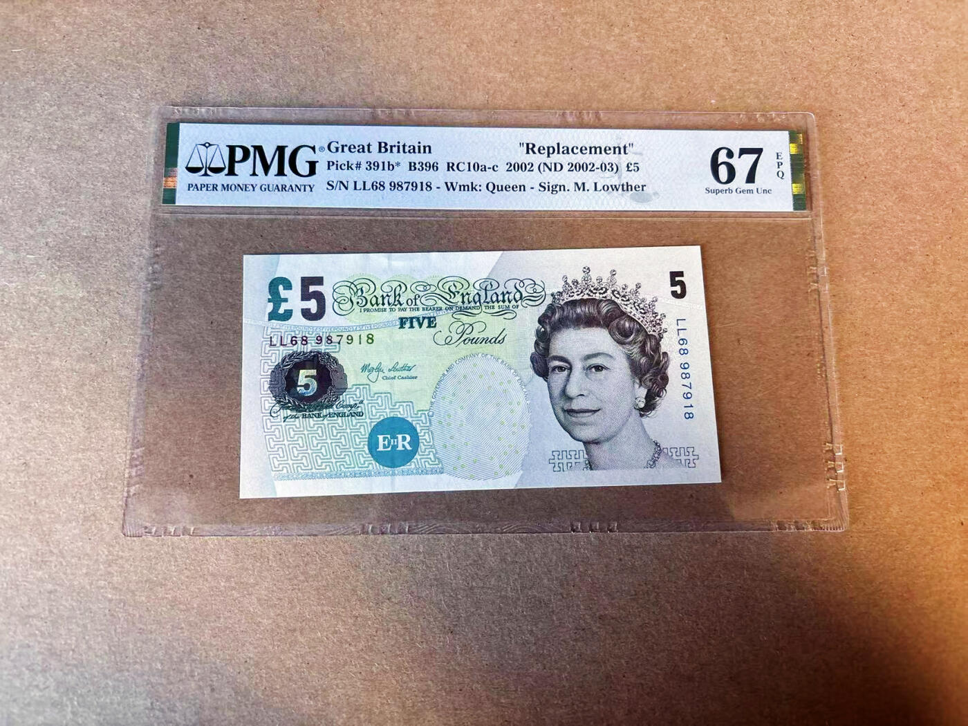 【Blue Auction】✨世界纸币精拍第587期【精】 【补号】英国 2002年5镑  PMG67EPQ 高分