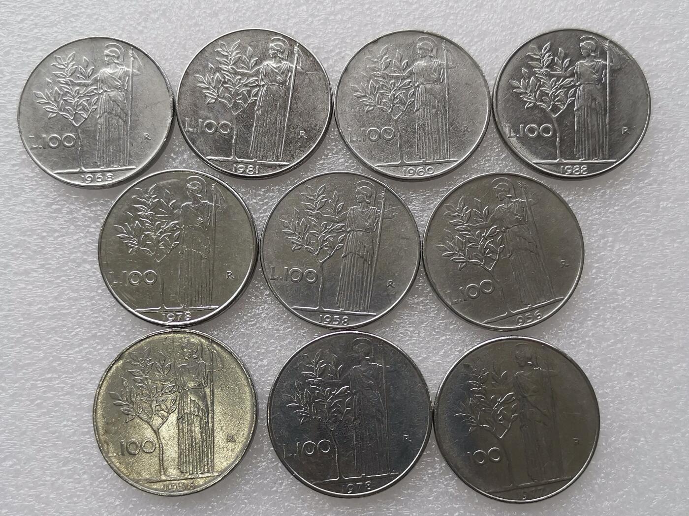 第一海外回流一元起拍收藏 散集专场. 第145期 意大利100里拉不锈钢硬币 10枚