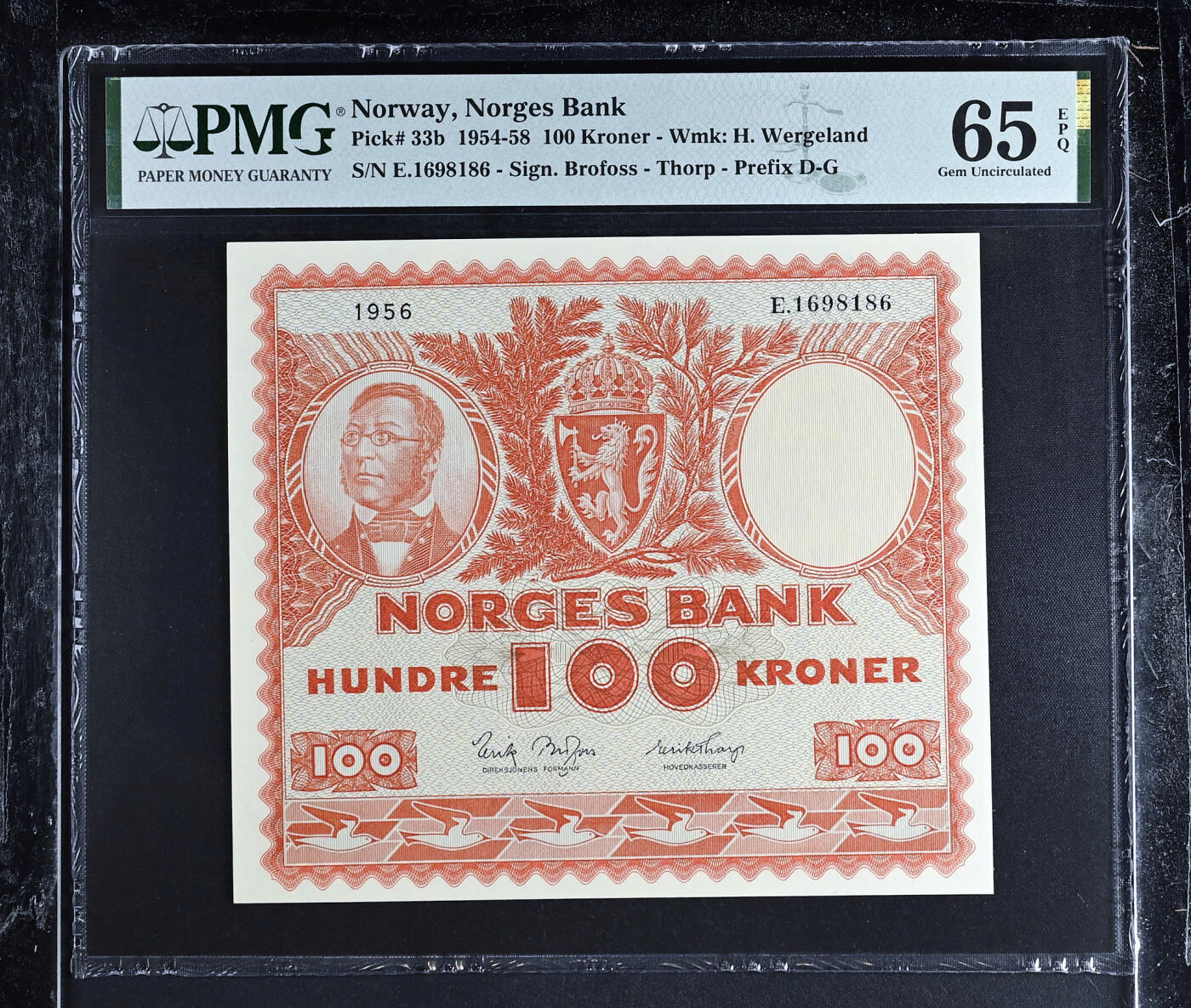 【Blue Auction】✨世界纸币精拍第587期【精】 【倒置号】挪威 1956年100克朗 大方块 PMG65EPQ 