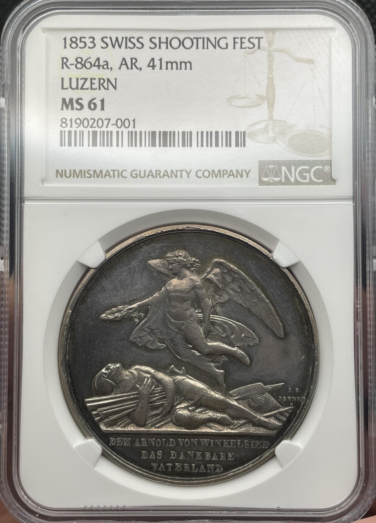 「木头集藏」章牌精品专场！ Frener～1853年瑞士卢塞恩射击节银章MS 61，直径：41mm，34g，早期的射击节品种，比较少见，品相普遍欠佳，评级没有分数和AU的较多，MS61已经是很好的分数。
