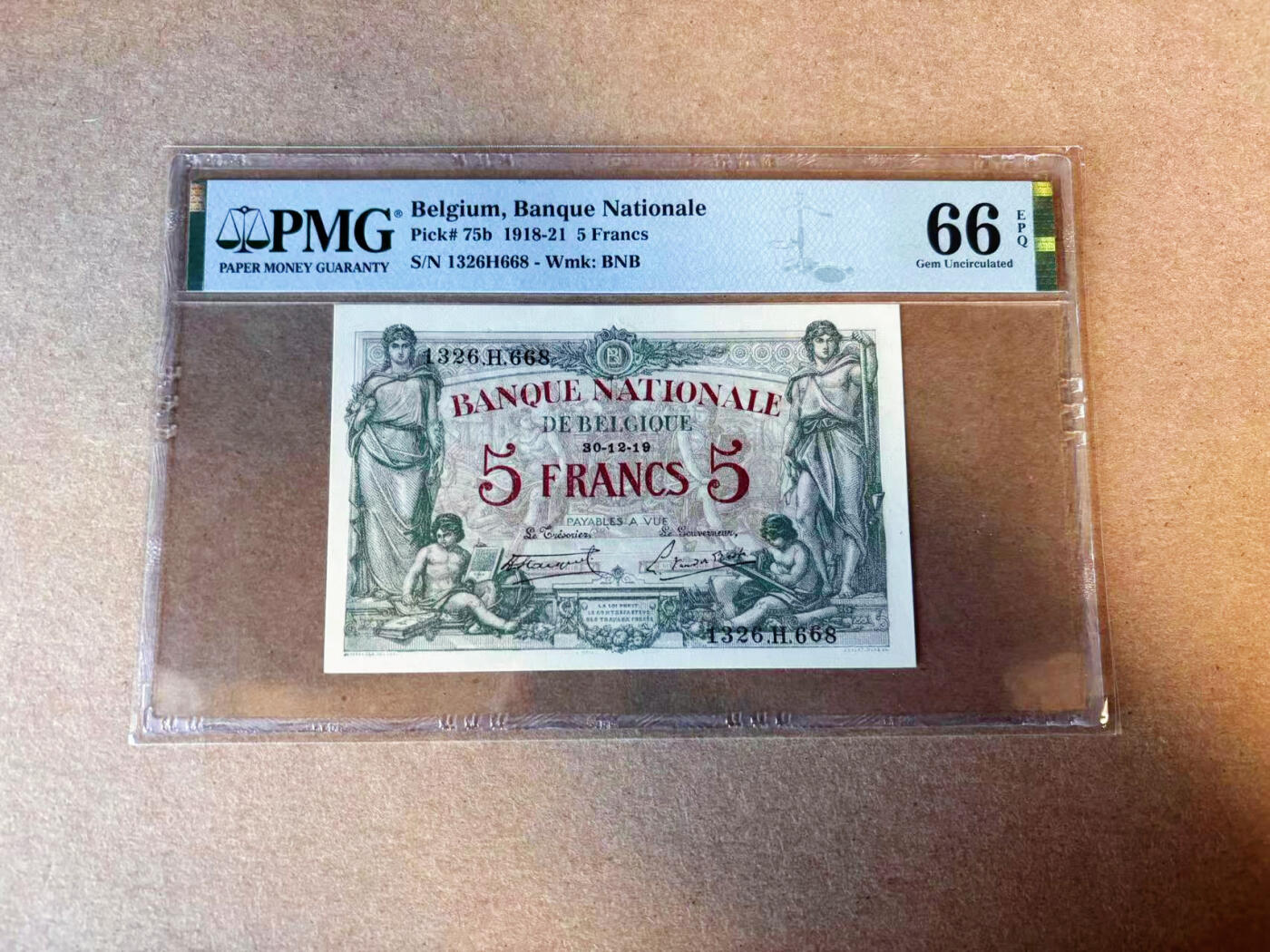 【Blue Auction】✨世界纸币精拍第587期【精】 【668倒置号】比利时早期 1919年5法郎 PMG66EPQ 