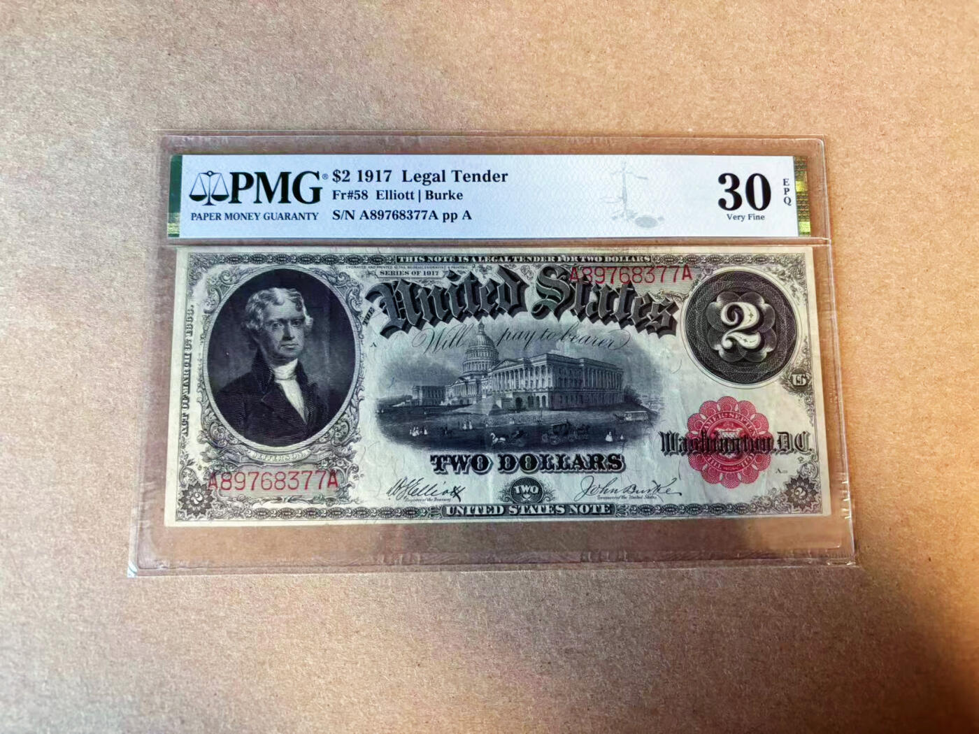 【Blue Auction】✨世界纸币精拍第587期【精】 【AA】美国 1917年2美金 杰克逊 PMG30EPQ 原票 大票幅 绿背