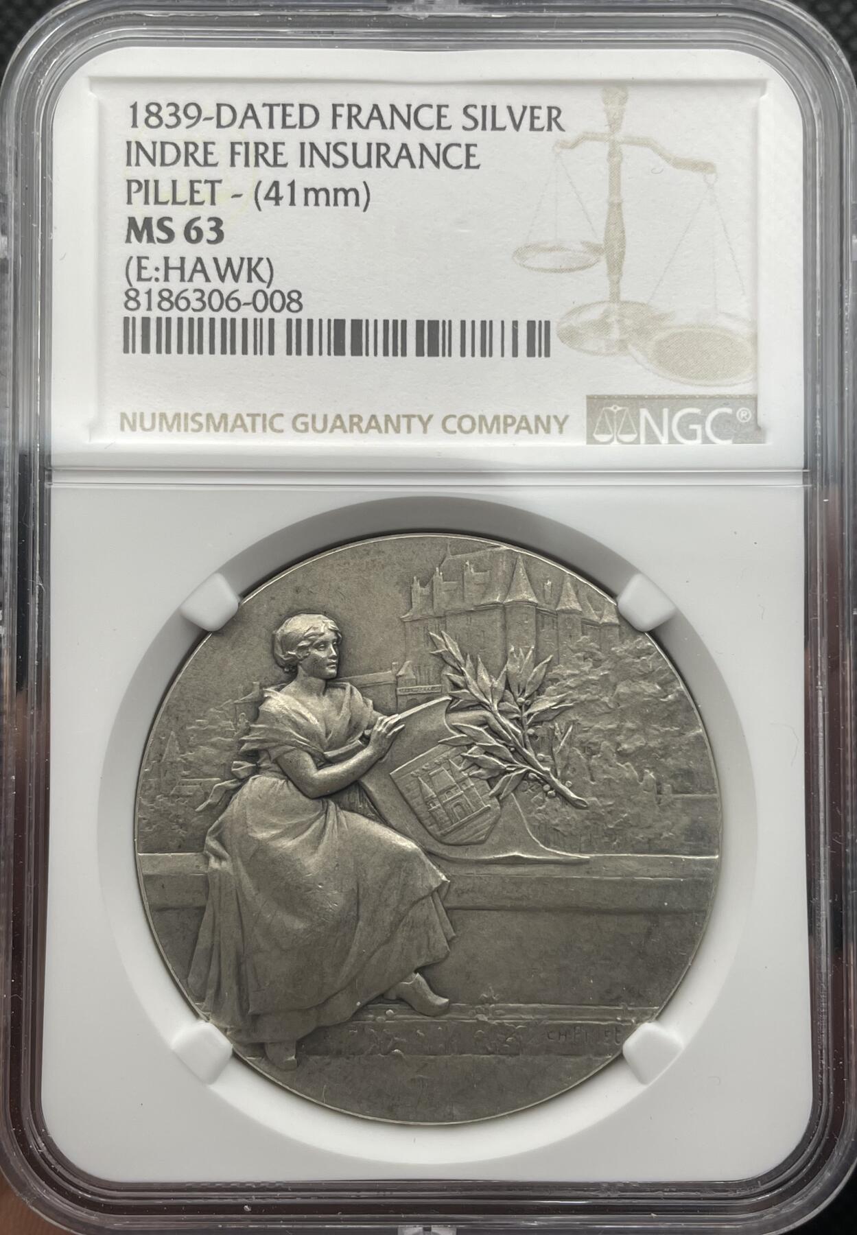 「木头集藏」章牌精品专场！ CH.Pillet～法国工业火灾保险银章 MS63  ，直径：41 mm，名家作品，双面设计。