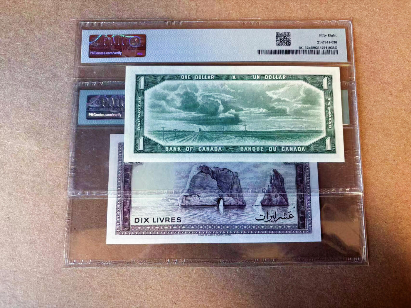 【Blue Auction】✨世界纸币精拍第587期【精】 【一组2张】加拿大 1954年1元 女王 PMG58&黎巴嫩 1986年10列弗 PMG65EPQ 