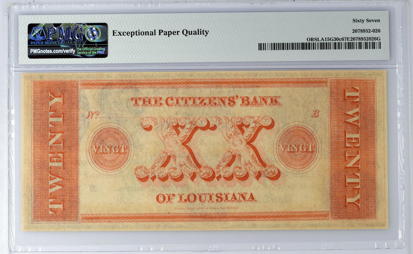 【Blue Auction】✨世界纸币精拍第587期【精】 【冠军分】美国 路易斯安那州 1850-60年代20美金 女神 双面印制精美 PMG67EPQ 高分少见