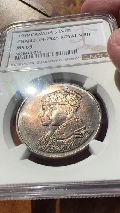 NGC评级MS65加拿大1939年英王乔治六世夫妇访问加拿大纪念银章罕见五彩好品难得遇到 1939 CANADA CHARLTON-252A ROYAL VISIT
