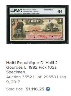 【Blue Auction】✨世界纸币精拍第588期【精】 【唯一冠军分 非常罕见】海地 1892年2古德 PMG65EPQ 绝品 样钞 开国元勋让·雅克·德萨林（1804年，德萨林宣读独立宣言，海地宣布独立，成为世界上第一个由奴隶起义而建立的国家）ABNC出品 雕刻精美 （多年前64无E拍了1116美金 而后市面上几乎见不到）   