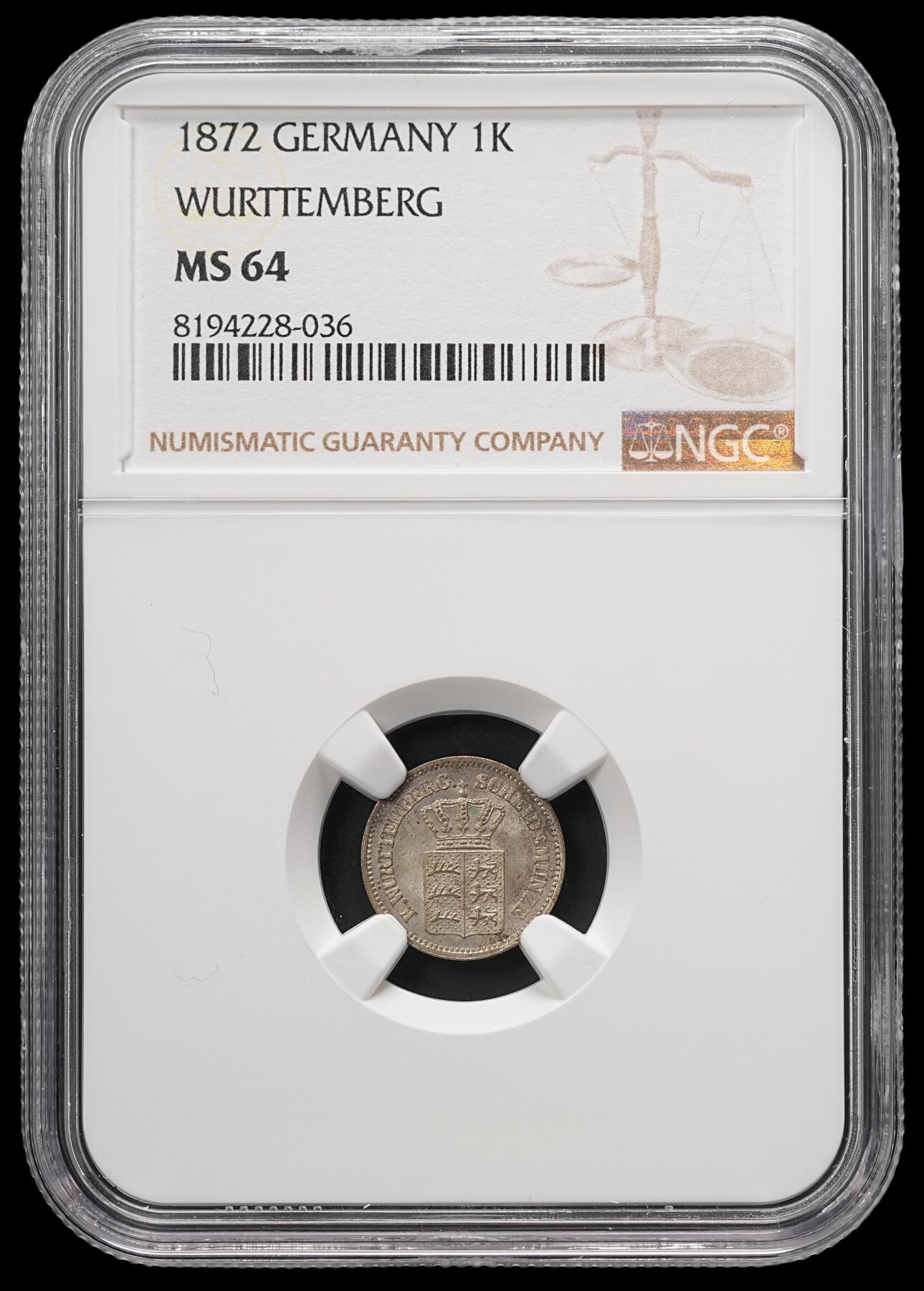 修遠堂世界钱币第四十九期 全场包邮 NGC MS64 1872年符腾堡1克鲁泽银币