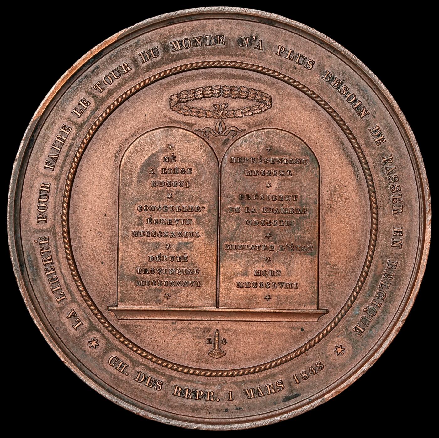 修遠堂世界钱币第四十九期 全场包邮 1848年（DATED）比利时人物纪念大铜章 60mm，93.60g