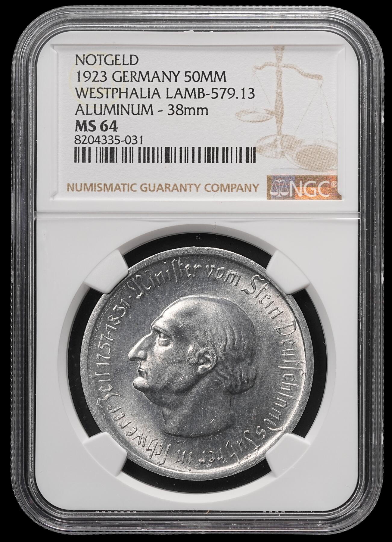 修遠堂世界钱币第四十九期 全场包邮 NGC MS64 1923年德国紧急时期威斯特法伦5000万马克大马币铝制 小型