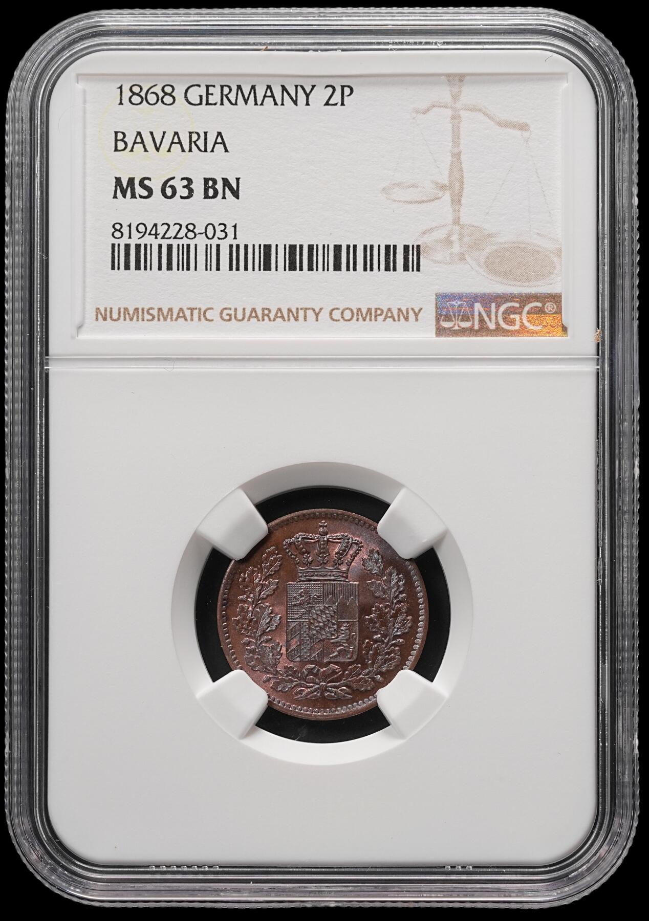 修遠堂世界钱币第四十九期 全场包邮 NGC MS63BN 1868年巴伐利亚2芬尼铜币