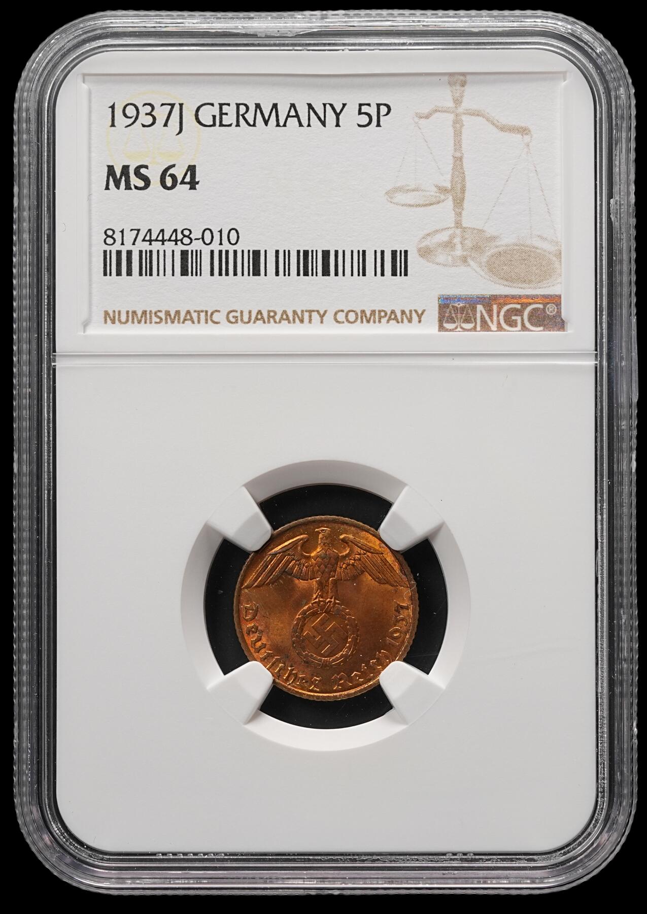 修遠堂世界钱币第四十九期 全场包邮 NGC MS64 1937年德三5芬尼铜币 J厂铭