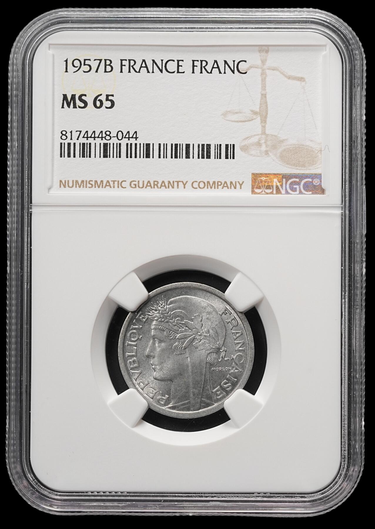 修遠堂世界钱币第四十九期 全场包邮 NGC MS65 1957年法国1法郎铝币 B厂铭