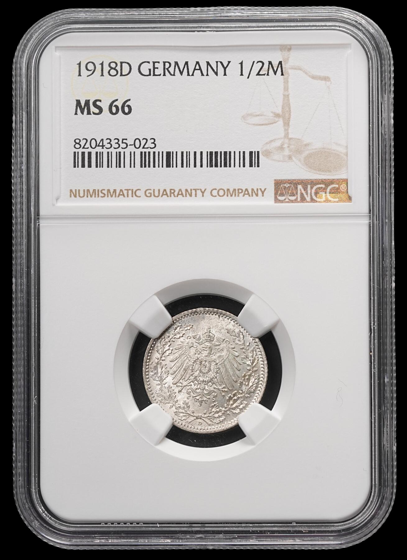 修遠堂世界钱币第四十九期 全场包邮 NGC MS66 1918年德国1/2马克银币 D厂铭