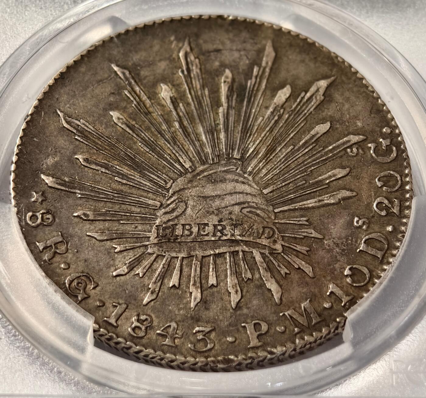 紫瑗钱币——第502期 墨西哥 1843年 GO PM  花边鹰洋 8里亚尔 银币 PCGS XF45
