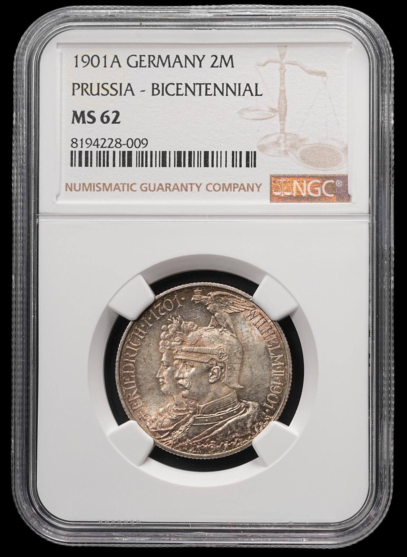 修遠堂世界钱币第四十九期 全场包邮 NGC MS62 1901年普鲁士建国200周年2马克银币