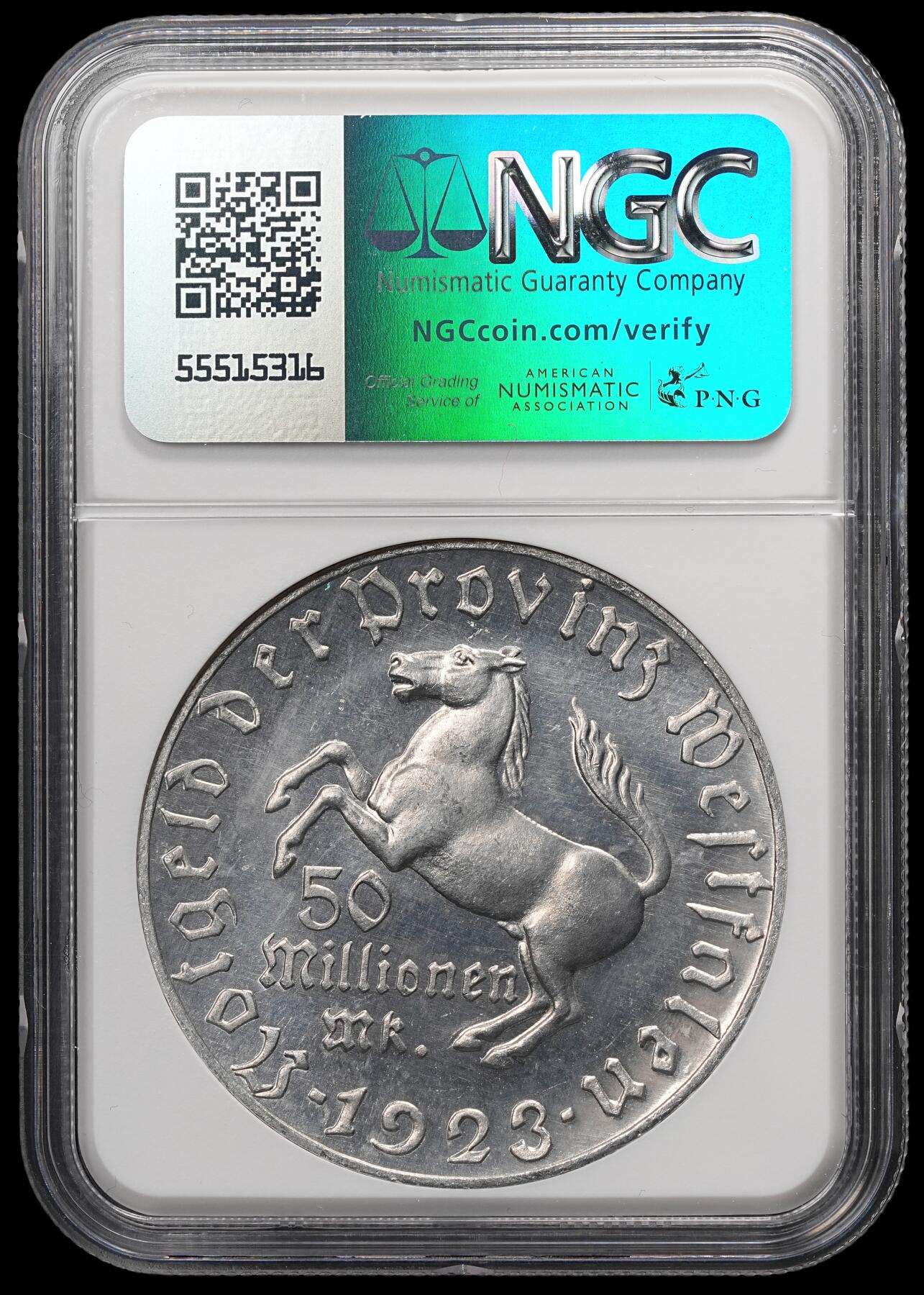 修遠堂世界钱币第四十九期 全场包邮 NGC MS64 1923年德国紧急时期威斯特法伦5000万马克大马币铝制 大型