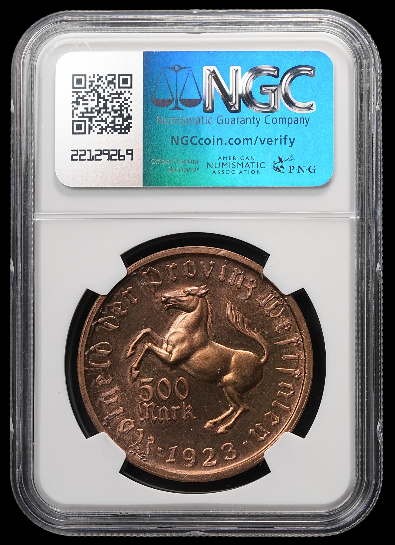 修遠堂世界钱币第四十九期 全场包邮 NGC MS65RB 1923年德国紧急时期威斯特法伦500马克大马币 少见女人头