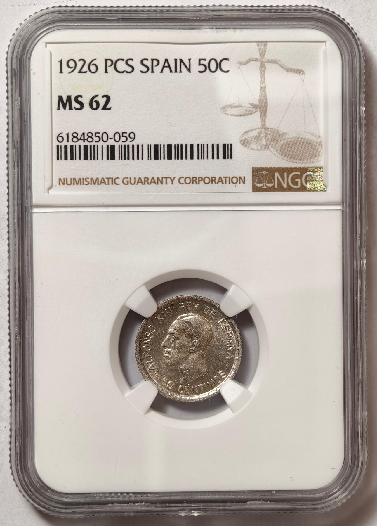 紫瑗钱币——第466期 西班牙 1926年 阿方索十三世 50分银币 NGC MS62