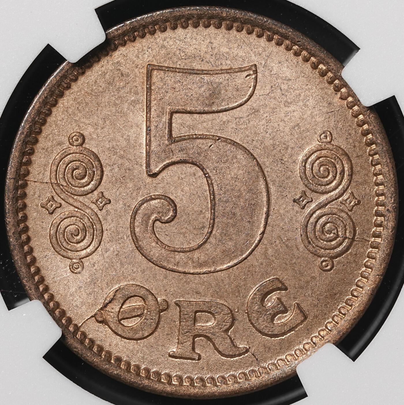 修遠堂世界钱币第四十九期 全场包邮 NGC MS65RB 1916年丹麦5欧尔铜币 较少见年份 铸造量只有80多万枚