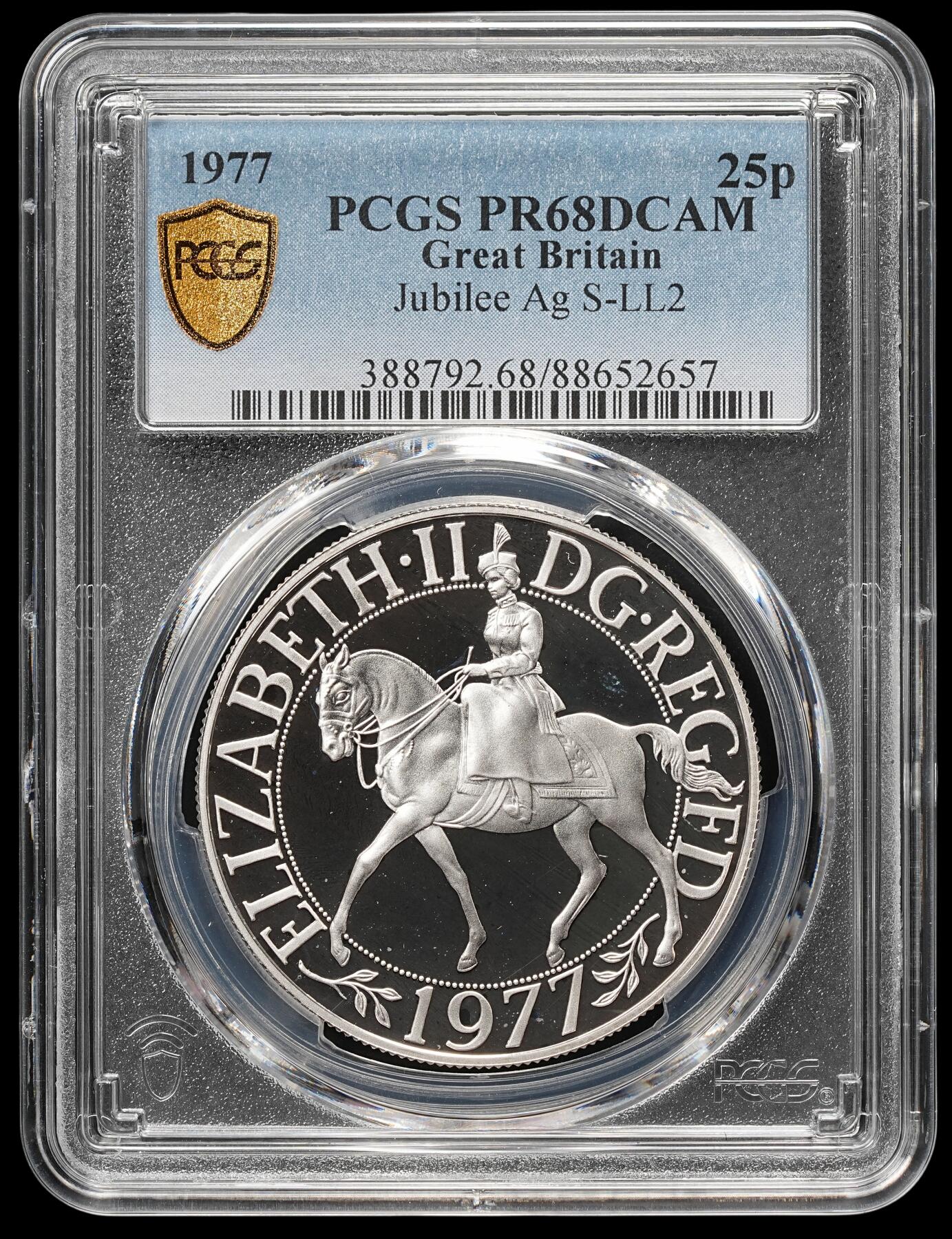 修遠堂世界钱币第四十九期 全场包邮 PCGS PR68DCAM 1977年英国女王登基25周年纪念25便士精制大银币  有原盒