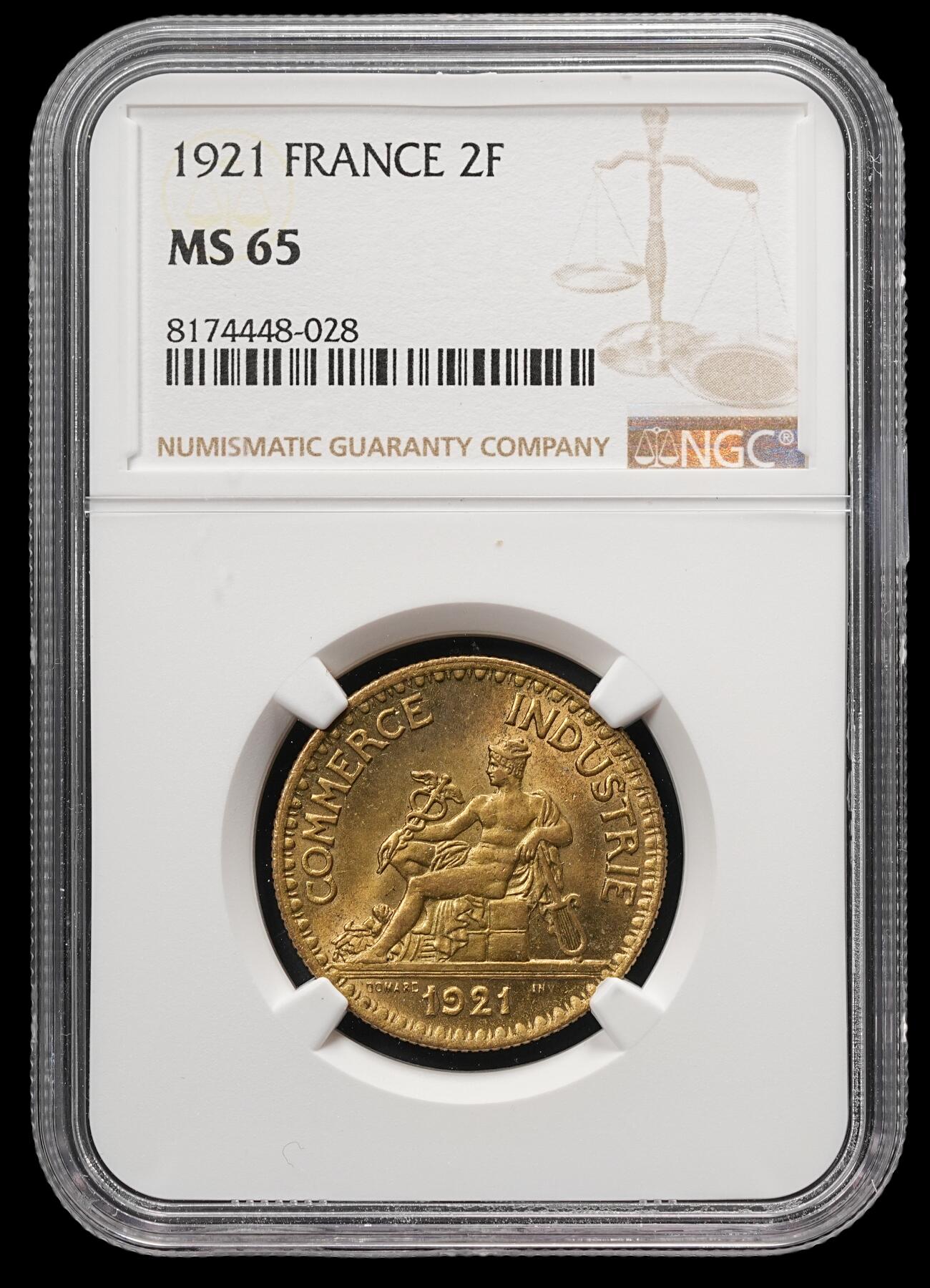 修遠堂世界钱币第四十九期 全场包邮 NGC MS65 1921年法国坐人2法郎铜币