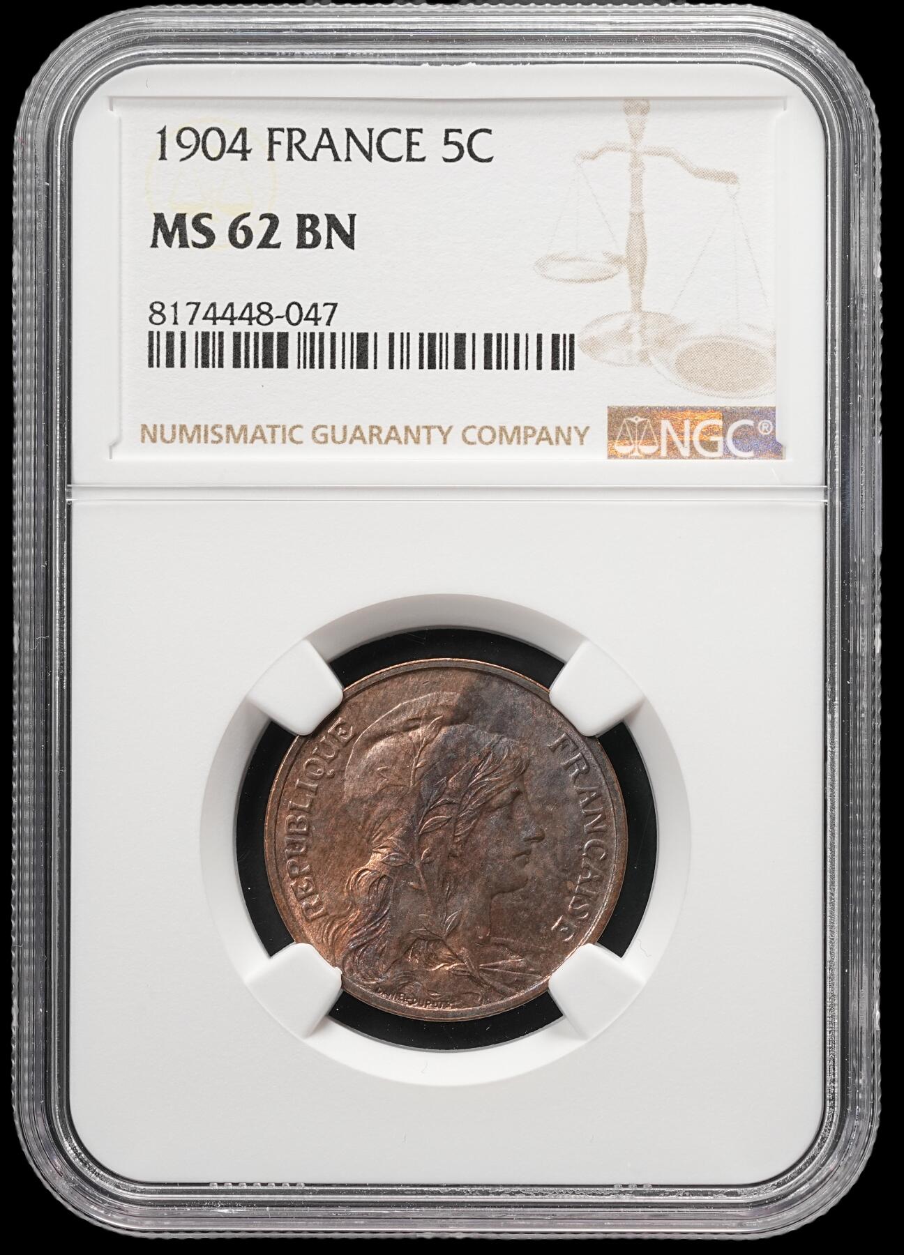 修遠堂世界钱币第四十九期 全场包邮 NGC MS62BN 1904年法国5分铜币