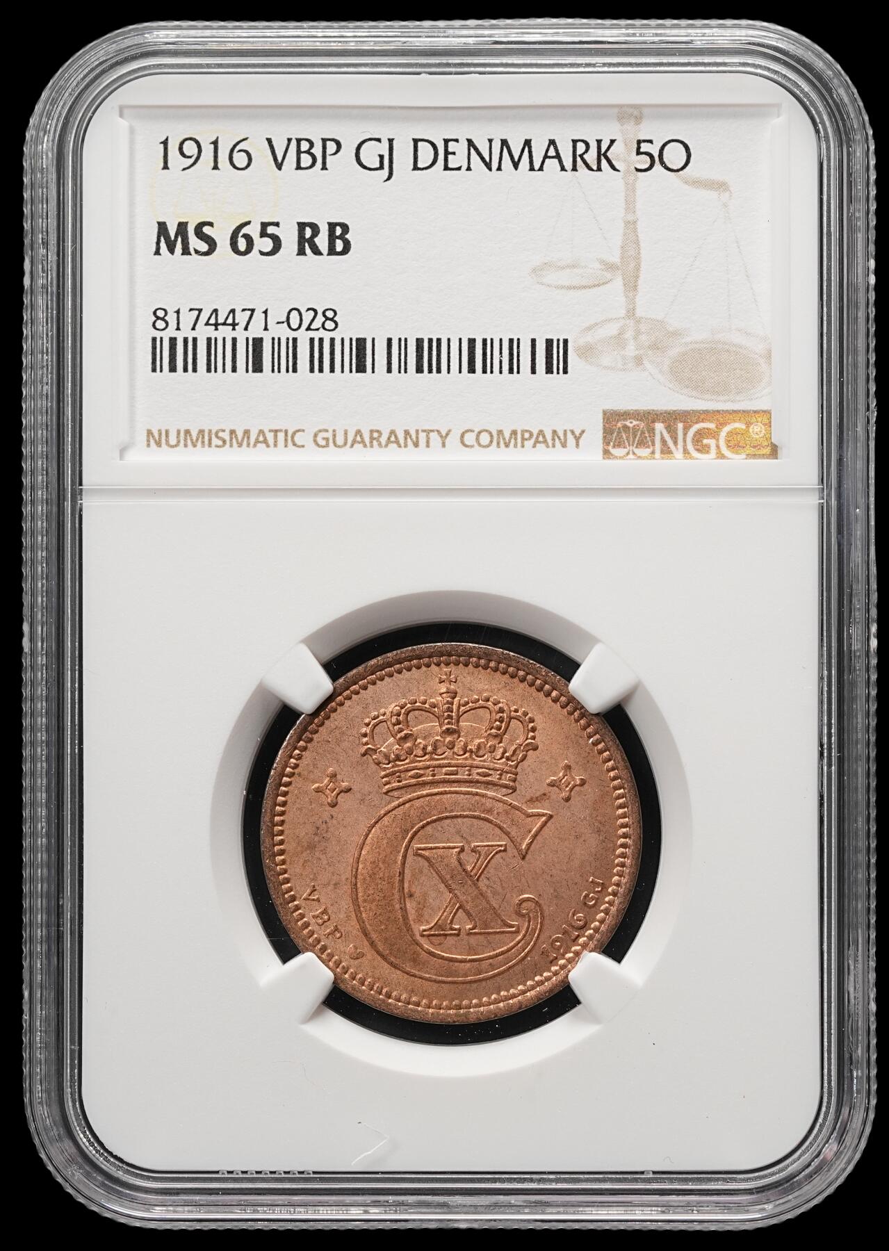 修遠堂世界钱币第四十九期 全场包邮 NGC MS65RB 1916年丹麦5欧尔铜币 较少见年份 铸造量只有80多万枚
