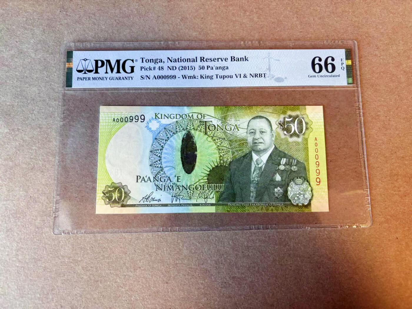 【Blue Auction】✨世界纸币精拍第588期【精】 【A冠999豹子号】汤加 2015年50潘加 PMG66EPQ 