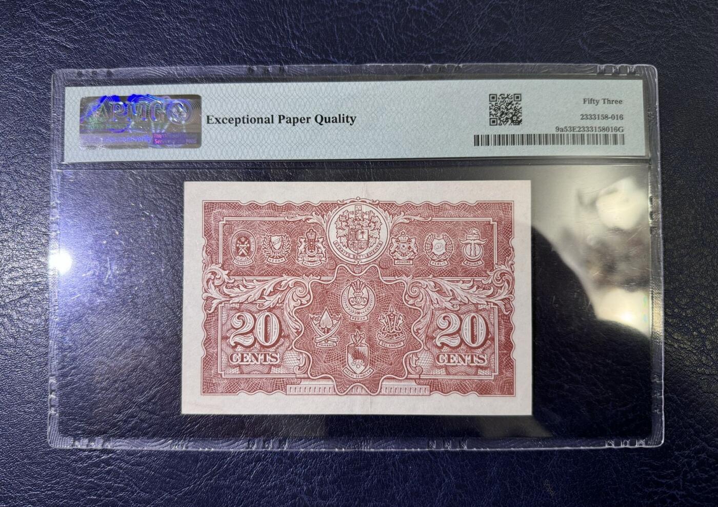 收藏联盟Quantum Auction 第395期拍卖  英属马来亚1945年20分 PMG53E 乔治六世国王