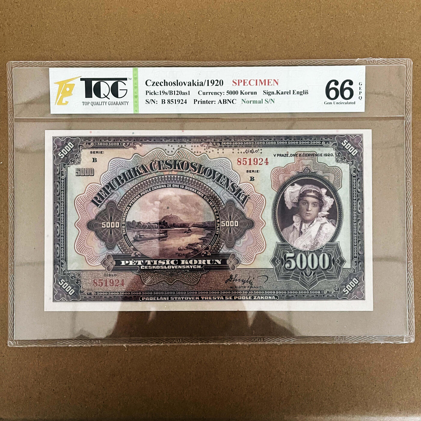 【Blue Auction】✨世界纸币精拍第588期【精】  捷斯 1920年5000克朗 ABNC出品 大票幅 雕刻精美 TQG66EPQ 