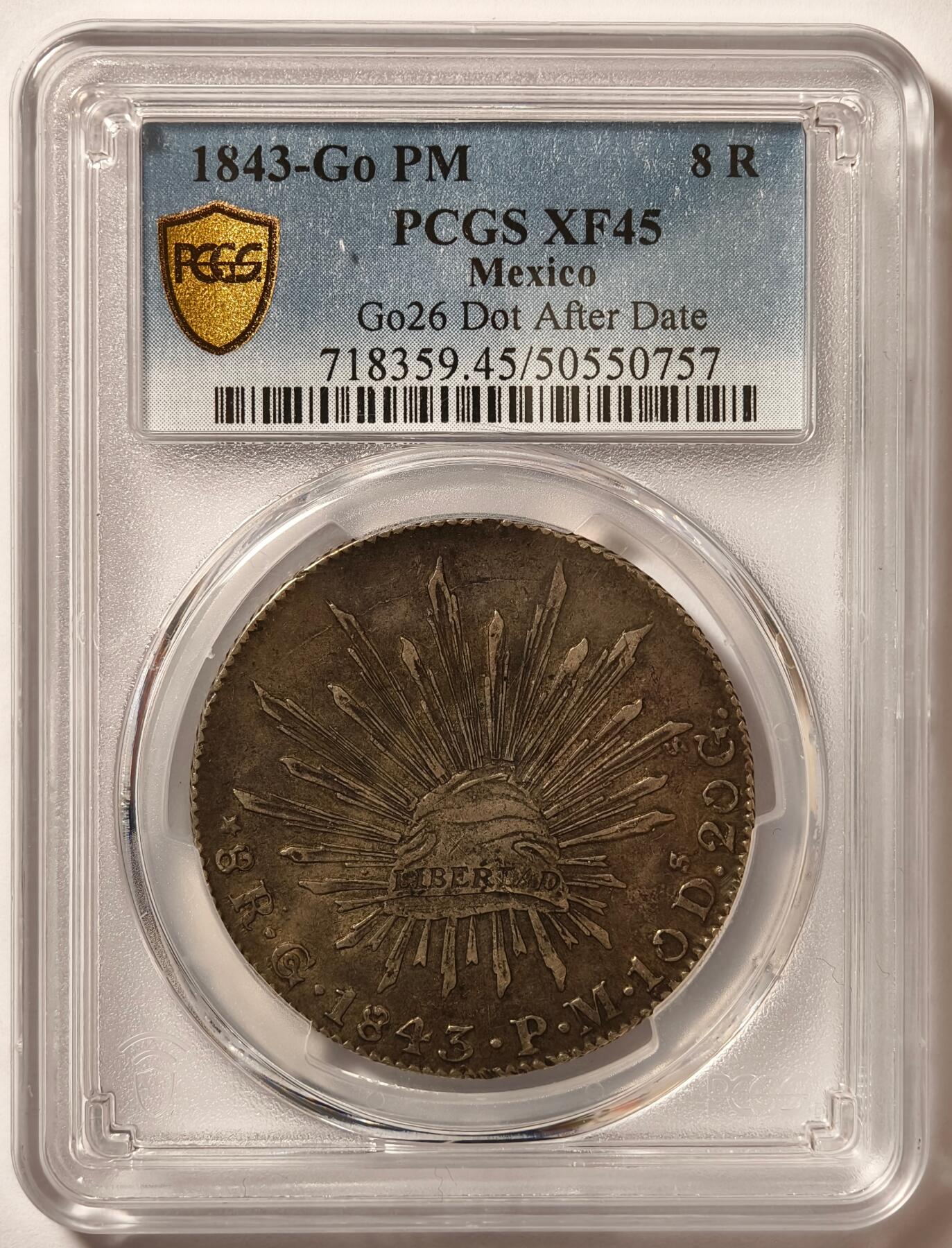 紫瑗钱币——第502期 墨西哥 1843年 GO PM  花边鹰洋 8里亚尔 银币 PCGS XF45