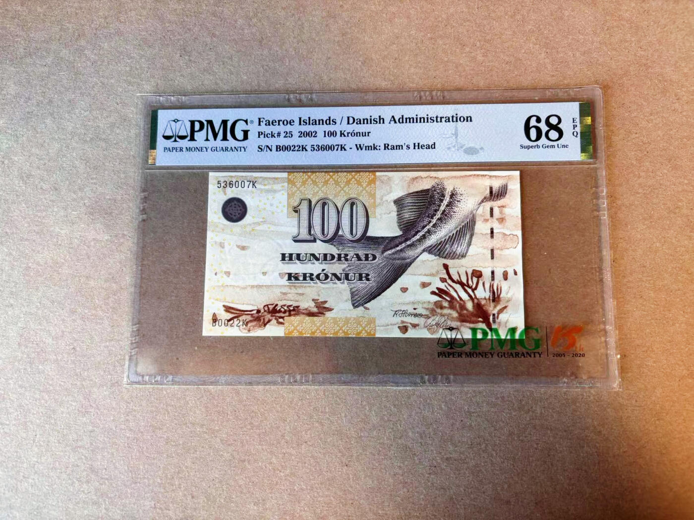 【Blue Auction】✨世界纸币精拍第588期【精】 【初版】法罗群岛 2002年100克朗 PMG68EPQ 超高分