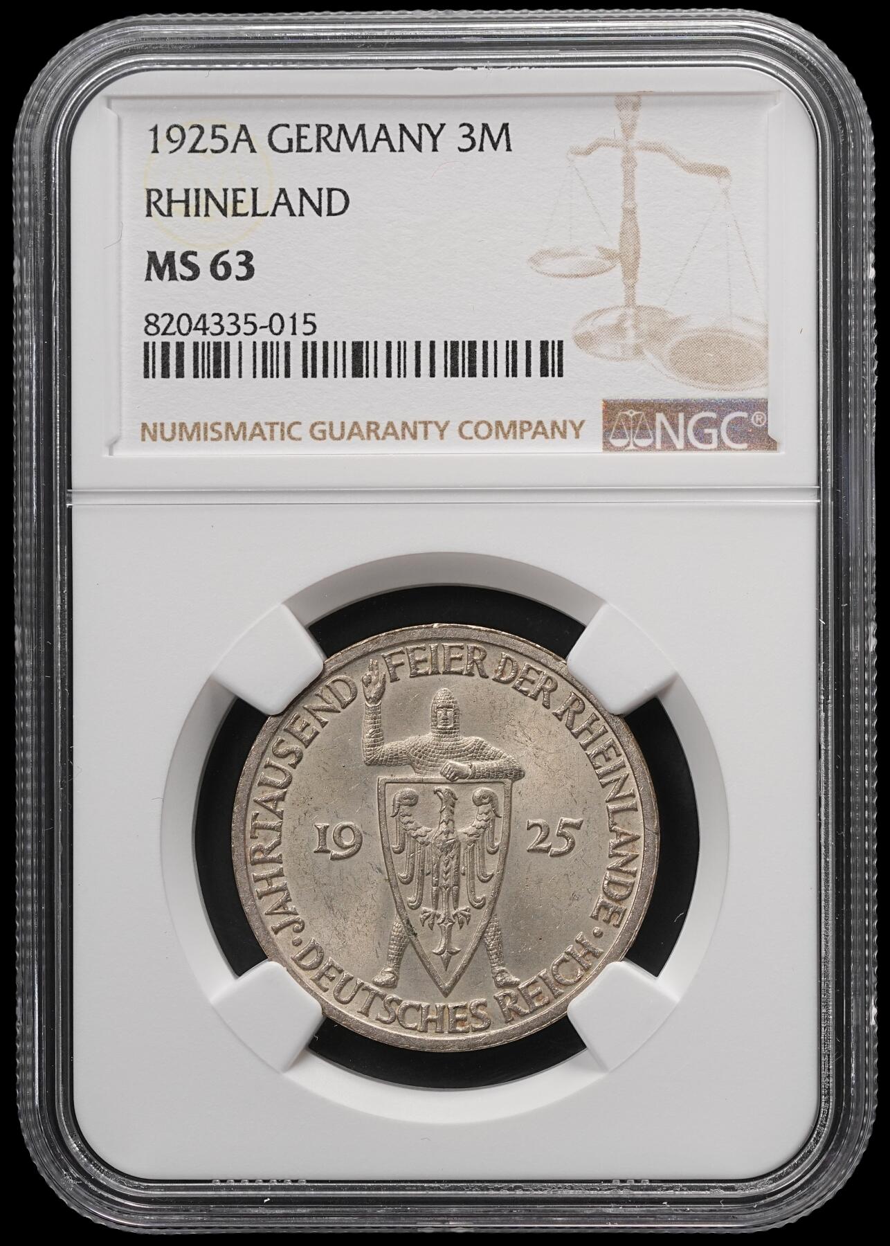 修遠堂世界钱币第四十九期 全场包邮 NGC MS63 1925年德国魏玛政府莱茵兰千年纪念3马克银币