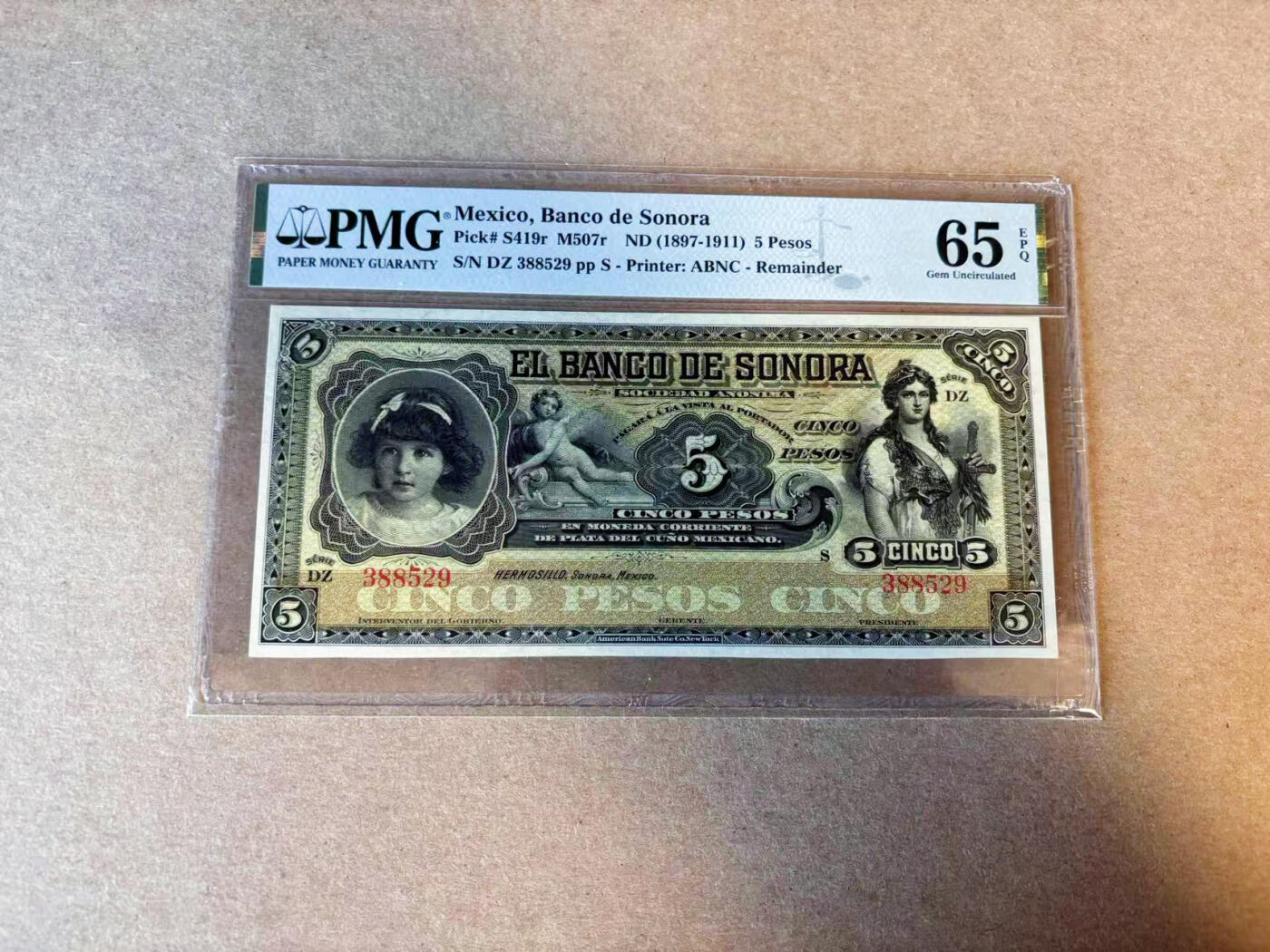 【Blue Auction】✨世界纸币精拍第588期【精】 墨西哥 1897-1911年5比索 PMG65EPQ 大票幅 ABNC出品 雕刻精美