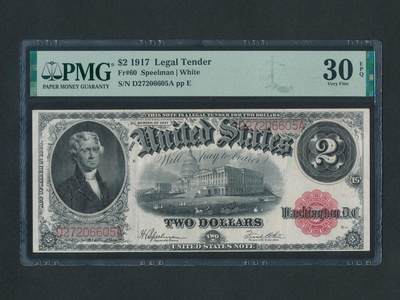 1917美国法定货币2美元纸币 PMG EPQ VF30 - 1917美国法定货币2美元纸币 PMG EPQ VF30