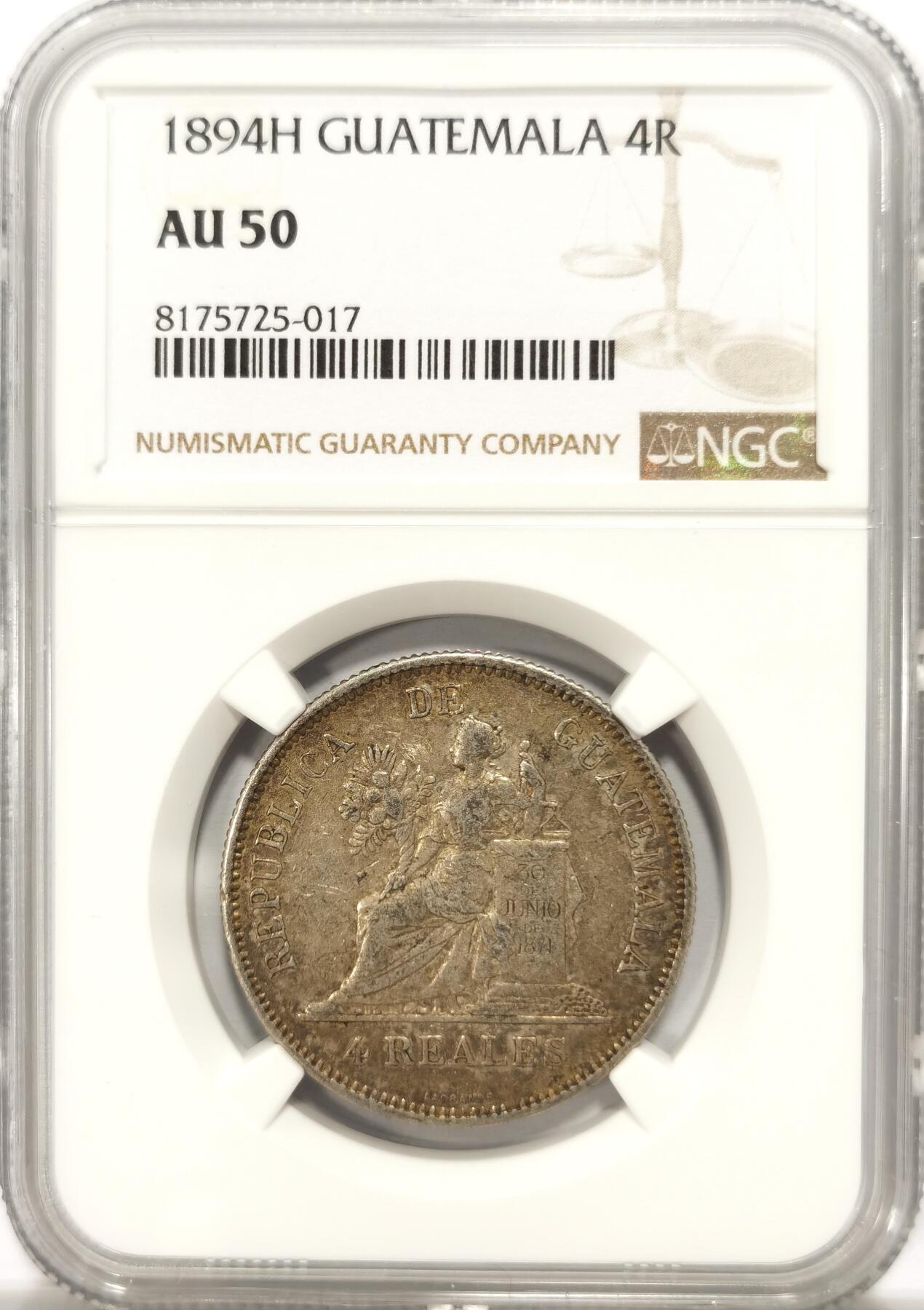博洋堂“满目春色”三月精品专场暨第116期（全场包邮） NGC AU50 危地马拉1894年坐人女神4R银币，原味包浆，4R远比8R少