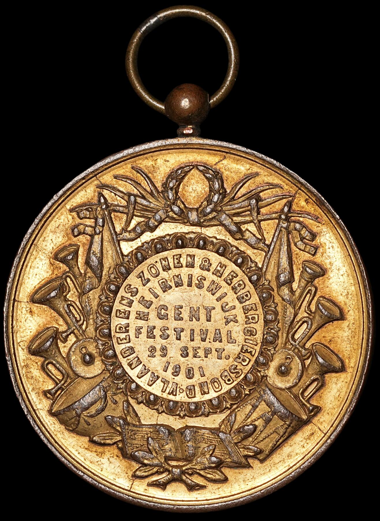 修遠堂世界钱币第四十九期 全场包邮 1901年（DATED）比利时鎏金大铜章 46mm，35g