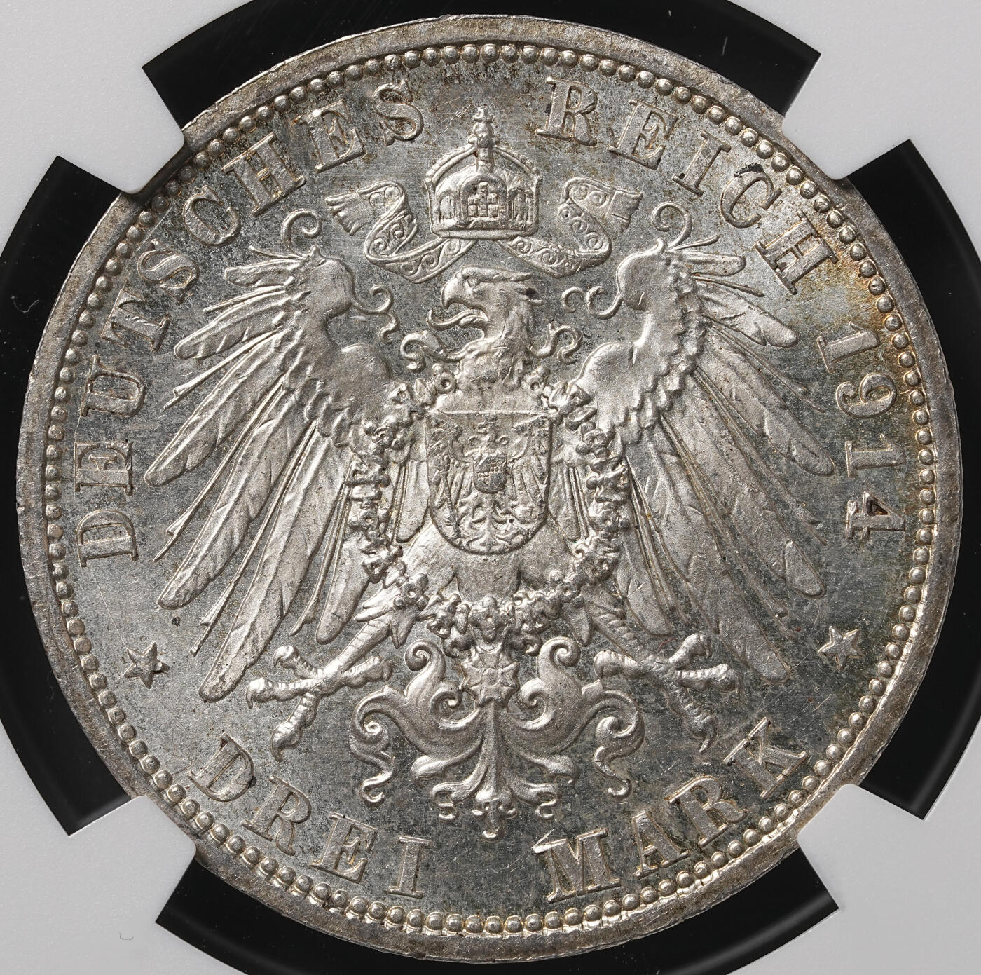 修遠堂世界钱币第四十九期 全场包邮 NGC MS63 1914年普鲁士威廉二世军装3马克银币 流通版马克MS少见