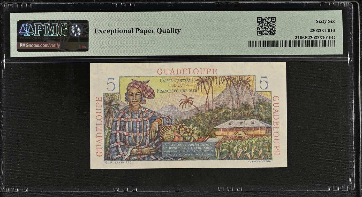 收藏联盟Quantum Auction 第395期拍卖  法属瓜德罗普1947-49年5法郎 PMG66 