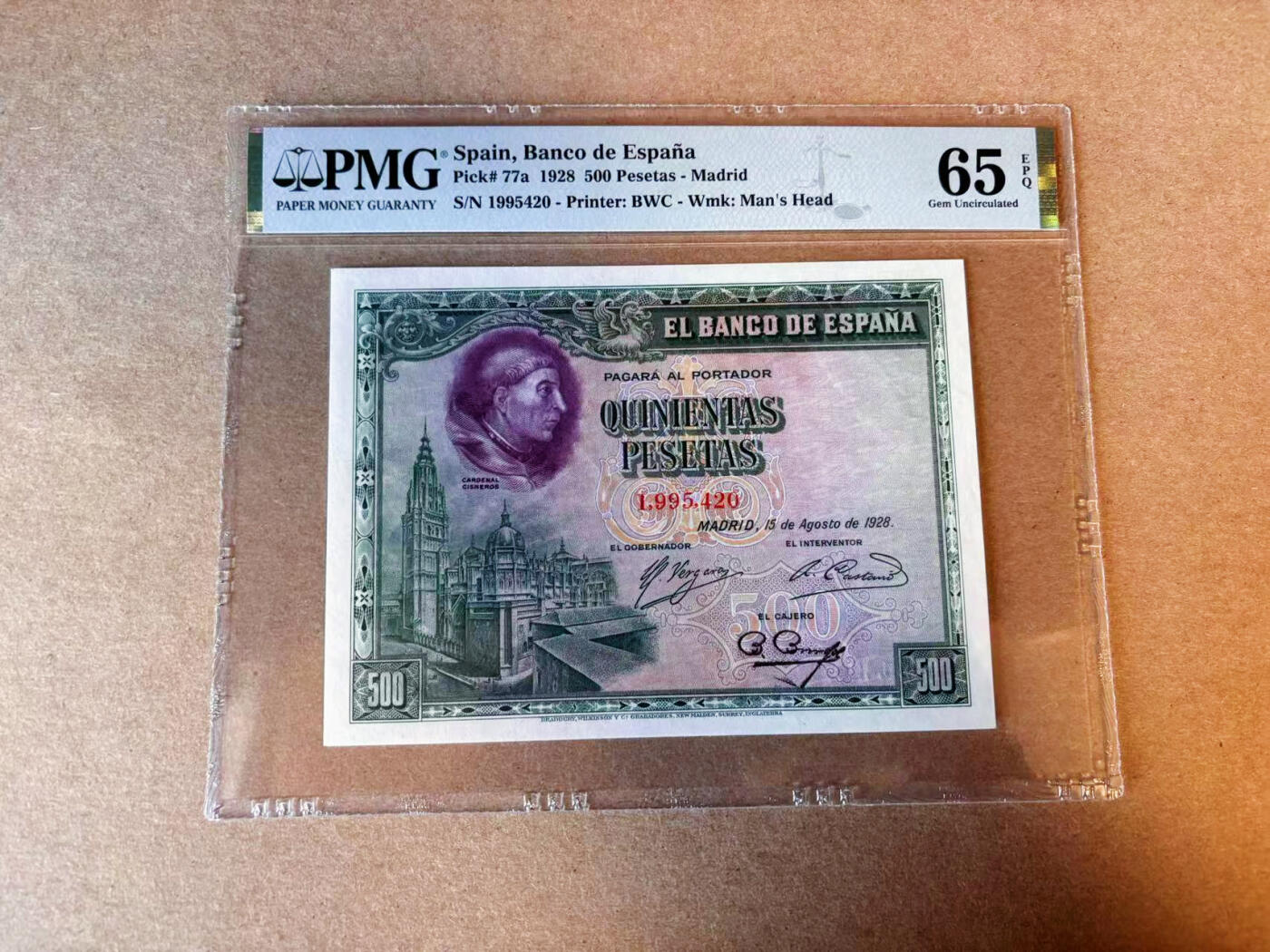 【Blue Auction】✨世界纸币精拍第588期【精】 西班牙 1928年500比塞塔 PMG65EPQ 大方块