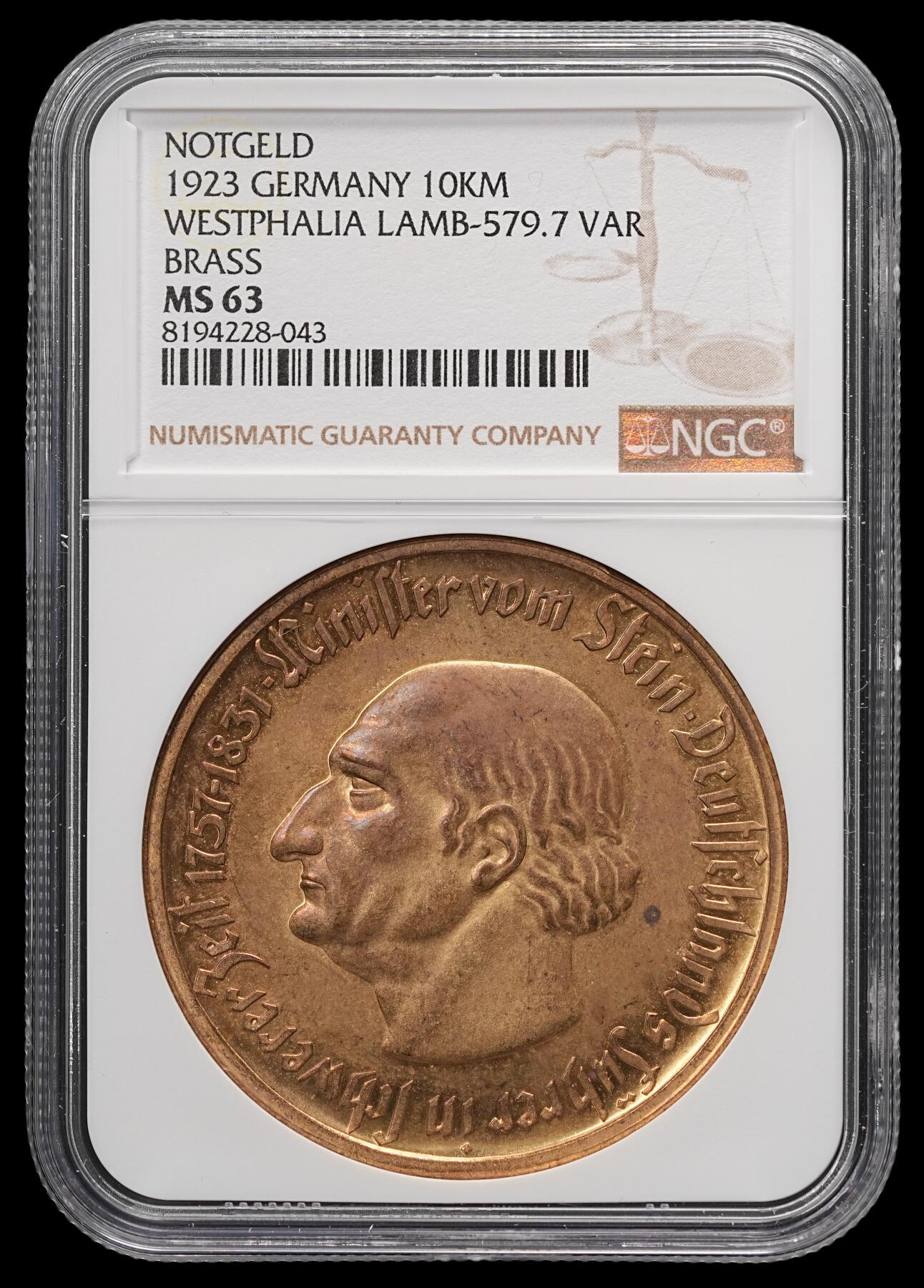修遠堂世界钱币第四十九期 全场包邮 NGC MS63 1923年德国紧急时期威斯特法伦10000马克大马币