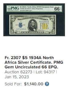 【Blue Auction】✨世界纸币精拍第588期【精】 【无47 升值品种】美国 1934年5美金 北非券 林肯 PMG66EPQ 高分 