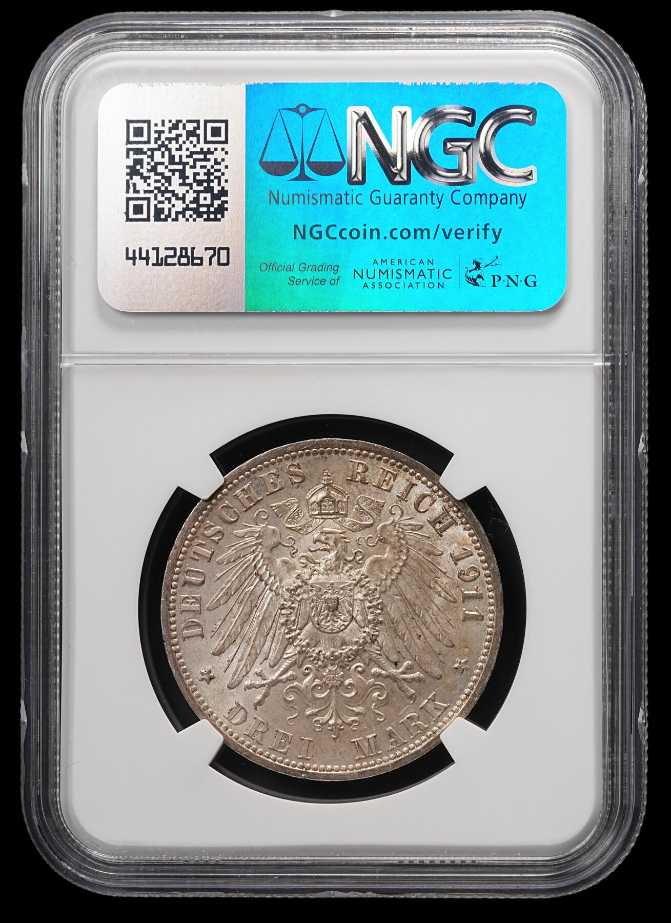 修遠堂世界钱币第四十九期 全场包邮 NGC MS63 1911年普鲁士3马克银币 流通版马克MS少见